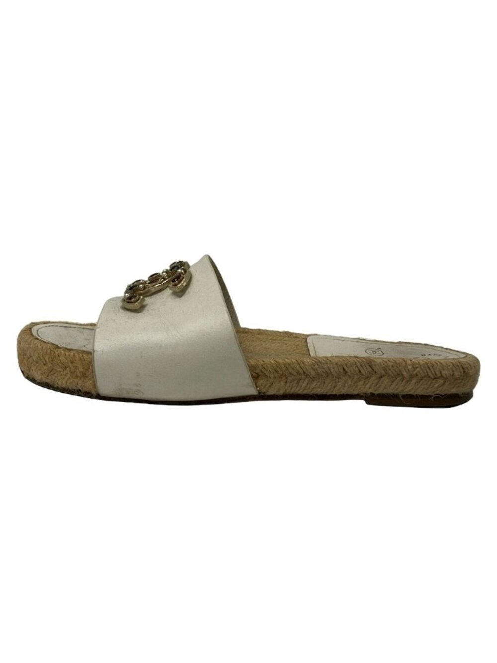 Chanel Sandals Ivory Light Brown Multi CC Logo Bijou Faux Pearl Linen